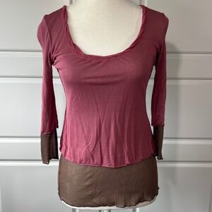 Intuitions Layered Top Mesh Hem Long Sleeve Scoop Neck Blouse XS